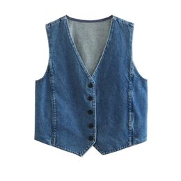 Women's Vests TRAF Women's Fashion Front Button Denim Tank Top Vintage V-neck Sleeveless Women's Coat Fashion Tank Top 230330