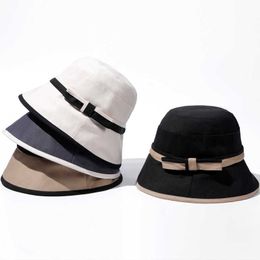 Wide Brim Hats 2023 New Women's Bucket Hat Solid Bow Style Panama Caps Fashion Luxury Hat Fisherman Hat Ladies Summer Sun Travel Beh Hat Gift P230327