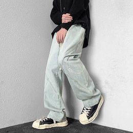 Erkek kot pantolon gevşek düz erkekler sokak kıyafeti hip hop denim pantolon sıradan siyah mavi pantolonlar erkek vintage baskılı Kore Bahar