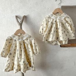 Girl Dresses Spring Sister Clothes Kids Party Dress Baby Girls Rompers Floral Printing Long Sleeve Princess Korean Style