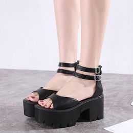 Sandals 8cm Block Heel Punk Gladiator Black High Heels 2023 Fashion Platform Womans Ladies Shoes Drop Ship