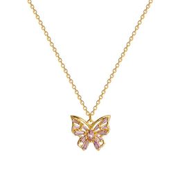 Chains MOFLO Real 18k Gold Plated Stainless Steel Butterfly Pendant Necklace Purple Zircon Choker