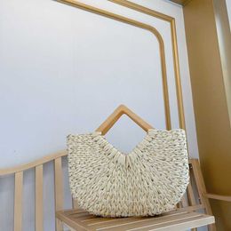 Evening bag Square Wooden Handle Half Moon Straw Tote Bag Women Designer Large