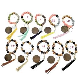 Party Favor Sile Wooden Beaded Leopard Wristlet Bracelet Pu Leather Tassel Bracelets Bangle Wood Beads Wristband Key Ring Keychains Dh68D