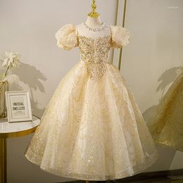 Girl Dresses Kids Exquisite Champagne Evening Dress Puff Sleeve Flower O-Neck Beading Princess Ball Gown For 4-12Y Children