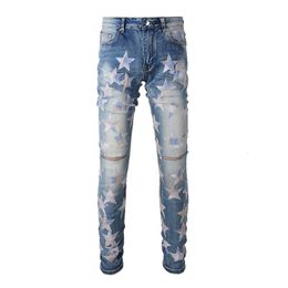 Men's Jeans Light Blue Distressed Streetwear Stars Patches Slim Stretch Skinny High Street Fashion Style Ripped 230330