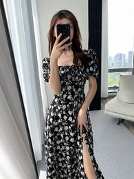 Casual Dresses Vintage France Sexy Bodycon Black Flower Plaza Collar Office Ladies Midi Chiffon Dress Party Elegant Summer Apparel 230330