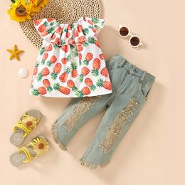 16112 Summer Kids Girls Denim Pants Blouse Clothing Set Baby Pineapple One-line Shoulder Top With Ripped Jeans 2pcs Children Girl Outfits Sets