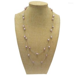 Chains 47 Inches 7-8mm Natural Lavender Rice Pearls Long Chain Tin Cup Necklace