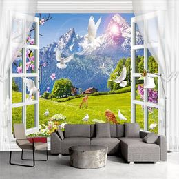 Wallpapers Self-Adhesive Wallpaper 3D Window Snow Mountain Grassland Animal Landscape Po Wall Murals Living Room TV Waterproof Stickers