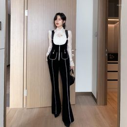 Women's Tracksuits Plus Size Spring Elegant Black Women Suit OL Office Work 2 Piece Set White Lace Top And Long Velvet Jumpsuit Two