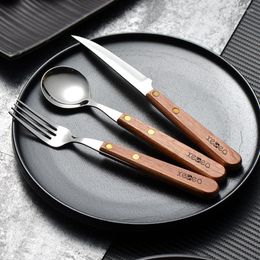 Dinnerware Sets Solid Wood Handle Portable Cutlery Set Round Spoon Stainless Steel Steak Knife Fork Three-piece El Kitchen Tableware