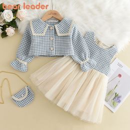 Clothing Sets Bear Collar Girls Clothing Set 26 Y Spring Summer Autumn Girls Flat Top Dress Retro Coat 3PC Fashion Clothing 230329