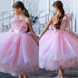 Girl Dresses Pink Ball Gown Flower For Wedding Spaghetti Straps Princess Kids Piano Performance Luxury Children Evening Pageant