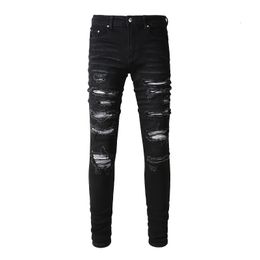 Men's Jeans Black Distressed Streetwear Style Tie Dye Bandana Ribs Patch Skinny Stretch Holes Slim Fit High Street Ripped 230330