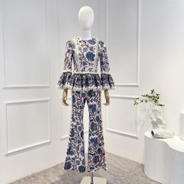 Women's Two Piece Pants Suit 2023 Summer Spring High Quality Linen Dark Blue Floral Print O-neck Flare Sleeve Peplum Blouse And Trousers