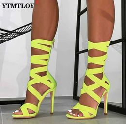 Sandals Autumn Fashion Fluorescent Green Stretch Fabric Zipper Women Sandals Peep Toe High Heels Hollow Out Ankle Boots Sandals 230322