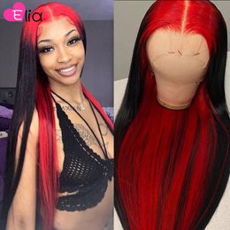 200Density Full 36inches Ombre Red Coloured Brazilian Lace Front Wigs Straight Red Highlight Lace Frontal Wigs Synthetic For Women Preplucked