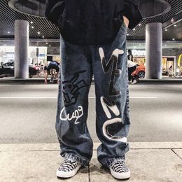 Men's Jeans Y2k Mens Korean Casual Streetwear Blue Harajuku Vintage Graffiti Wide Leg Baggy Straight Denim Pants Trousers Men Clothes 230330