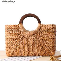 Totes Wooden ring Portable Women straw Bag Korean Foreign of Corn Skin RETRO Art Beach Bag Travel Pictures Props Straw Bag Moon Bag 033023H