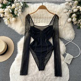 Nxy Women Mesh Club Playsuits Square Neck Long Sleeve Ruffle Slim Short Jumpsuit Fashion Tansparent Sexy Bodysuits 230328