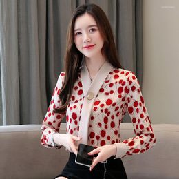 Women's Blouses 2023 Autumn Office Red Polka Dot V-neck Streamer Long Sleeve Chiffon Shirt Fashion