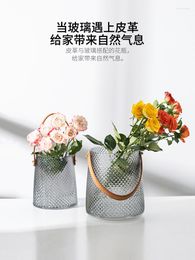 Vases Light Luxury Glass Vase Decoration Portable Leather Transparent And Creative Desktop Living Room Flower Arrangement