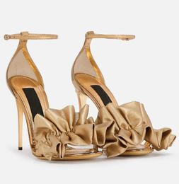 Italy Famous Summer Brand Sandals Shoes Women Polished Calfskin D-shaped Heel Patent Leather Lady Gold-plated Carbon Gladiator Sandalias Party Wedding EU35-43