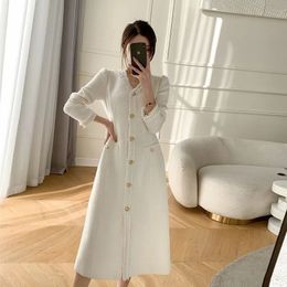 Casual Dresses Sea DRESS V-neck Solid Dress High Waist Long Sleeve Elegant Trend Women's Wear Fall Single Chest Office Dress 230330