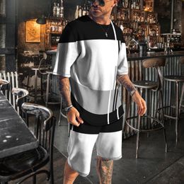 Men's Tracksuits Summer Men's T-shirt Set Stripe 3D Printing Simple Style Short Sleeve Clothing Daily Casual Jogging 2 Piece Oversized Set 230330