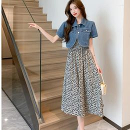 Work Dresses Summer Sweet Two Piece Set For Women Denim Jacket Top Midi Floral Print Dress Korean Fashion 2 Outfit Femme