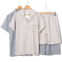 Men's Sleepwear Summer Cotton Double High Waist Pajamas Men's Short Sleeve Shorts Men's Pajamas Plaid Large Size Home Service Pajamas Set 230330