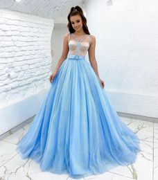 Baby Blue Evening dresses bone bodice Long formal prom party dress shiny waist decoration designer dresses for special occasions Floor Length evening gown