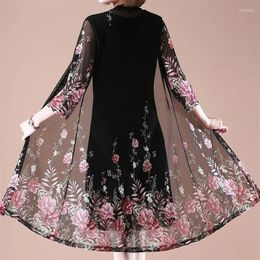 Casual Dresses Suit/Single Piece Oversized Women Print Cardigan Jacket And Dress Mother Half Sleeves Two Suit Elegant Mom Summer