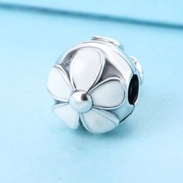 925 Sterling Silver White Daisies Clip Stopper Bead Fits European Jewellery Pandora Style Charm Bracelets