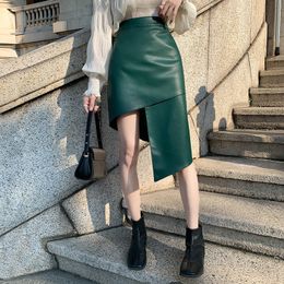 Skirts Green Irregular Leather Skirt Spring 2023 High Waist Package Hip Midi Women Office Lady Slim Fit Soft Pu Faldas 230330