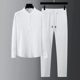 Men's Tracksuits Spring and Summer Fashion Suit Men's Long Sleeve Casual Shirt and Pants Seersucker Stripe Pleated Slim Fit and Handsome Two Piece Set 230330