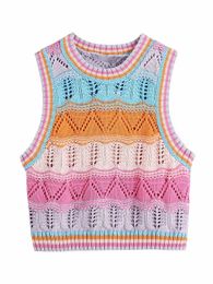 Women's Vests Women's Color Matching Hollow Cardigan Short Knitted Sweater Women's Sleeveless Casual Slim Fit Tank Top Cut Top Knitted Top Tank Top 230330