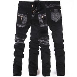 Men's Jeans Fashion Men Leather Pants Patchwork Casual Skinny Motorcycle High Quality Slim Trousers Size 2836 230330