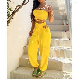 Women's Two Piece Pants Wepbel 2 Sets Outfits Sports Solid Tops Grab A Strapless Top Cargo Trousers Set Women Summer Sexy Pencil