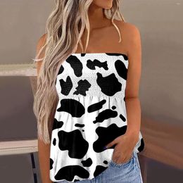 Women's Blouses Strapless Bandeau Tank Women Milk Cow Printed Smocked Off Shoulder Tube Tops Summer Casual Loose Holiday Vest Shirts Blouse