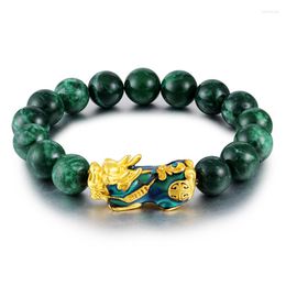 Strand Natural Green Malachite Stone Beads Bracelet Gold Color Brave Troops Pixiu Lucky Charm Dropship Jewelry