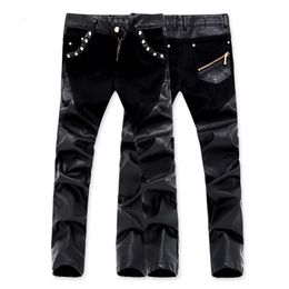 Men's Jeans Fashion Boutique Leather Pants Patchwork Casual Skinny Motorcycle Slim Stretch PU 230330