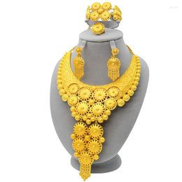 Necklace Earrings Set 24K Gold Plated Dubai Bridal Ring Earring Bracelet Middle East Ladies Jewellery Of Four ZJJ10058