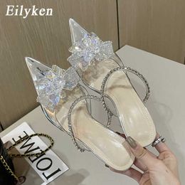 Dress Shoes Fashion String Bead Crystal Buckle Women Pumps Sexy Pointed Toe Low Heels PVC Transparent Sandals Wedding Prom Shoes 221130