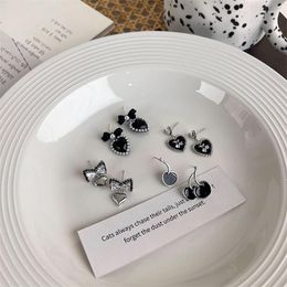 Dangle Earrings Korean Fashion Vintage Black Pearl Crystal Zircon Cherry Bow-knot Heart Drop For Women Aesthetic Jewellery Party Gifts