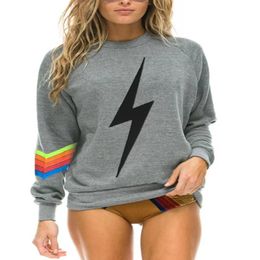 Women's Hoodies Sweatshirts Sweatshirt Spring Thin Women/girl O-neck Rainbow Stripe Lighing Print T-shirt Fashion Long Sleeve X0828