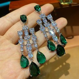 Dangle Earrings 2023 Trendy Luxury Green Cubic Zirconia Drop For Women Big Crystal Tassel Party Bride Wedding Prom Jewelry