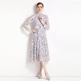 Casual Dresses Summer Embroidery Lace Dress Office Lady Vintage Medium Vestidos Elegantes Para Mujer Long Sleeve De Verano 2023