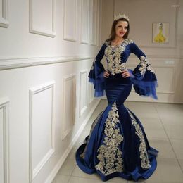 Party Dresses Navy Blue Mermaid Velvet Prom Gold Lace Long Flare Sleeve Evening Gowns Moroccan Custom Made Saudi Arabic Dress